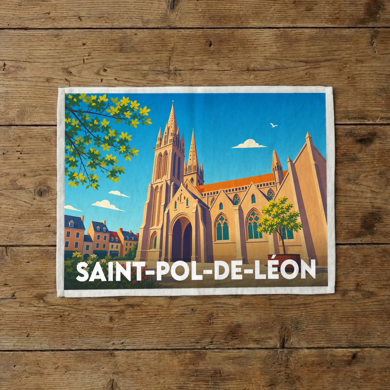 Torchon souvenir de la ville de Saint-Pol-de-Léon avec une illustration stylisée de sa cathédrale.