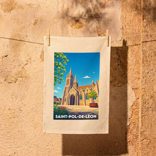 Torchon souvenir de la ville de Saint-Pol-de-Léon avec une illustration stylisée de sa cathédrale.