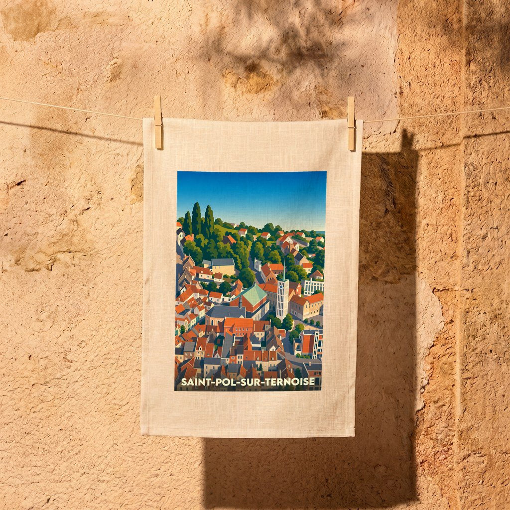 Torchon souvenir de la ville de Saint-Pol-sur-Ternoise avec une illustration colorée et stylisée.