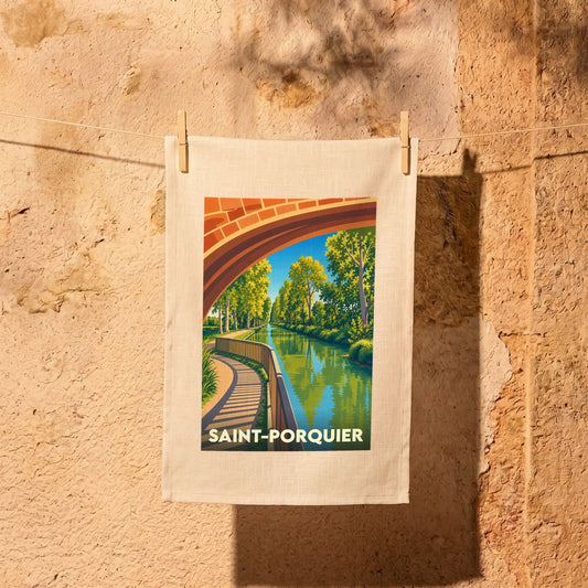 Torchon souvenir de la ville de Saint-Porquier illustré par une vue stylisée du canal et d'un pont en briques.
