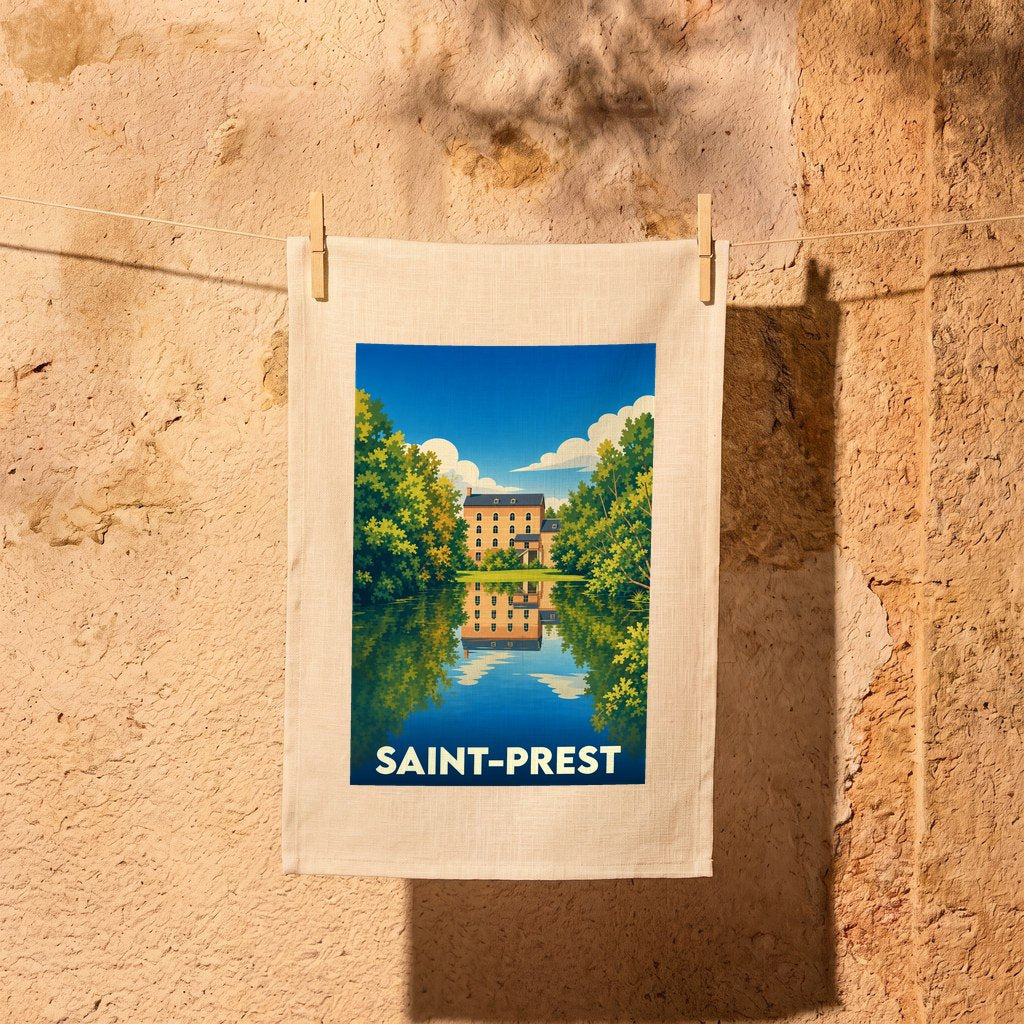 Torchon souvenir de la ville de Saint-Prest illustré par un paysage stylisé avec un bâtiment au bord de l'eau.