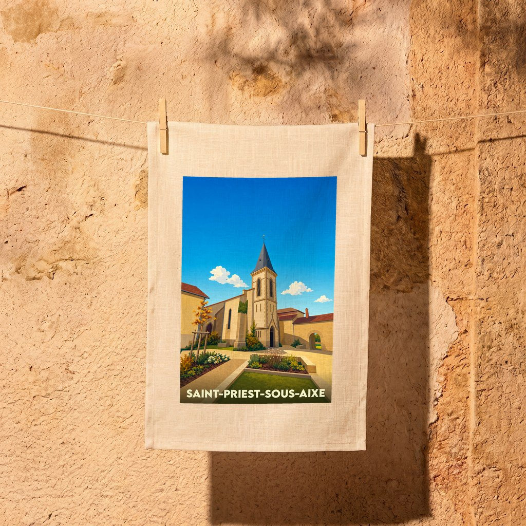 Torchon souvenir de la ville de Saint-Priest-sous-Aixe illustré d'un dessin stylisé de son église.