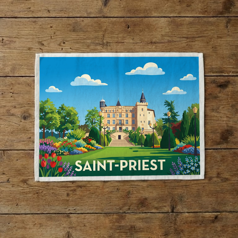 Torchon souvenir de la ville de Saint-Priest avec une illustration colorée de son château.