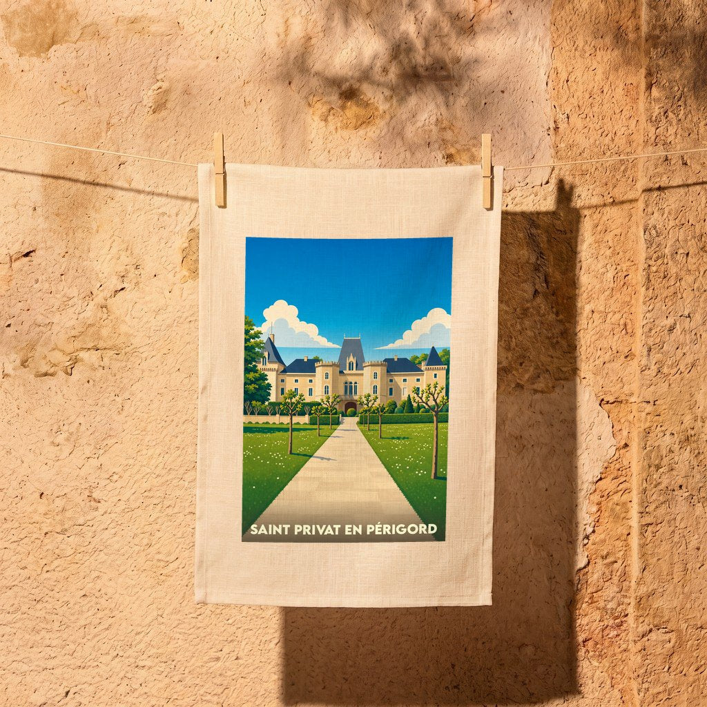 Torchon souvenir de Saint Privat en Périgord illustré d'un château de style vintage.