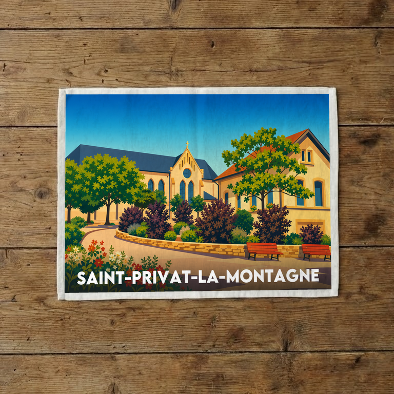 Torchon souvenir de la ville de Saint-Privat-la-Montagne avec une illustration stylisée.