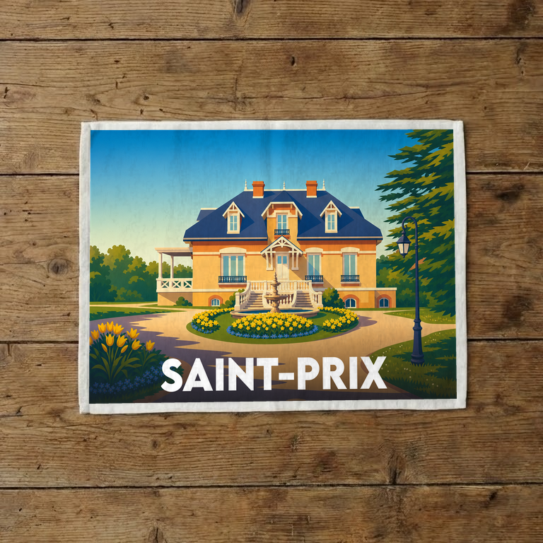Torchon souvenir de la ville de Saint-Prix illustré par une élégante demeure bourgeoise de style vintage.