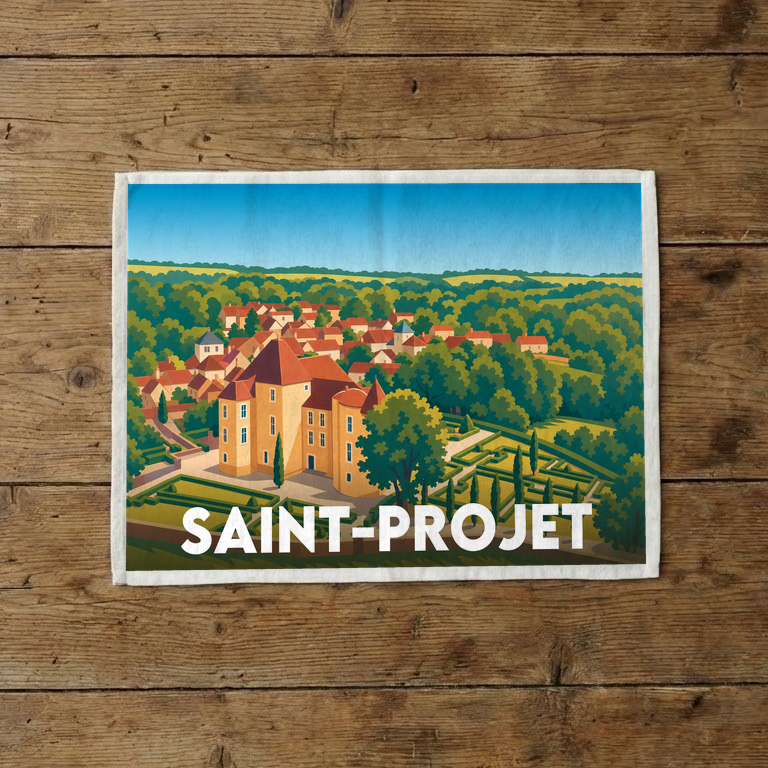 Torchon souvenir de la ville de Saint-Projet avec une illustration stylisée de son château.