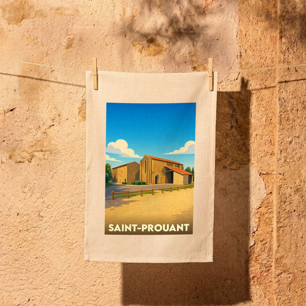Torchon souvenir de la ville de Saint-Prouant avec une illustration stylisée d'un bâtiment historique.