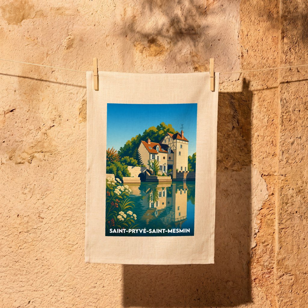 Torchon souvenir de la ville de Saint-Pryvé-Saint-Mesmin avec une illustration stylisée d'un moulin au bord de l'eau.