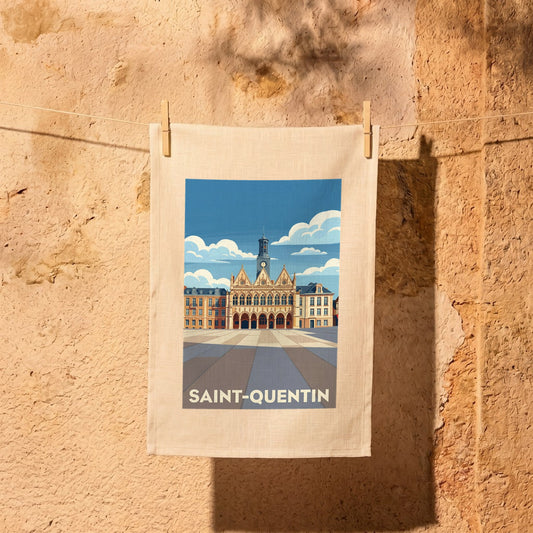 Torchon souvenir de la ville de Saint-Quentin avec une illustration stylisée.