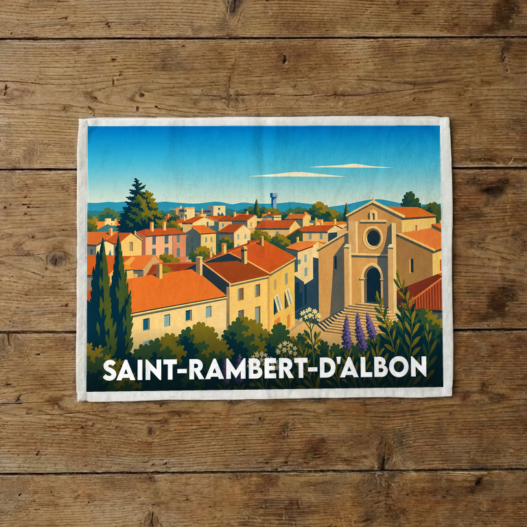 Torchon souvenir de la ville de Saint-Rambert-d'Albon avec une illustration stylisée et colorée du village.