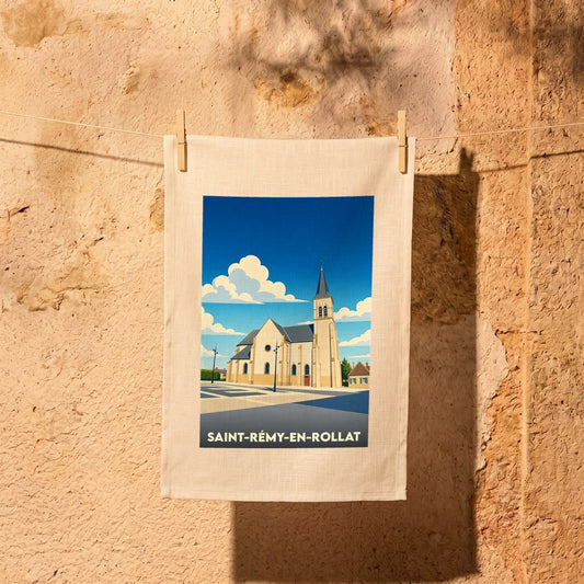 Torchon souvenir de Saint-Rémy-en-Rollat illustré d'un dessin stylisé de son église.