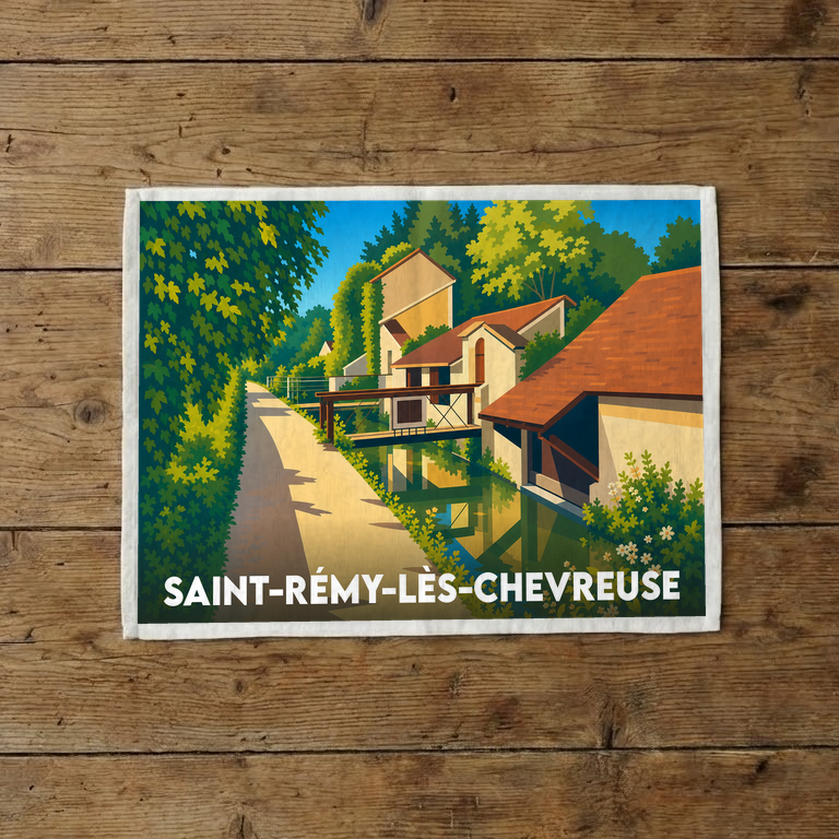 Torchon souvenir de la ville de Saint-Rémy-lès-Chevreuse avec une illustration stylisée d'un canal et de maisons anciennes.