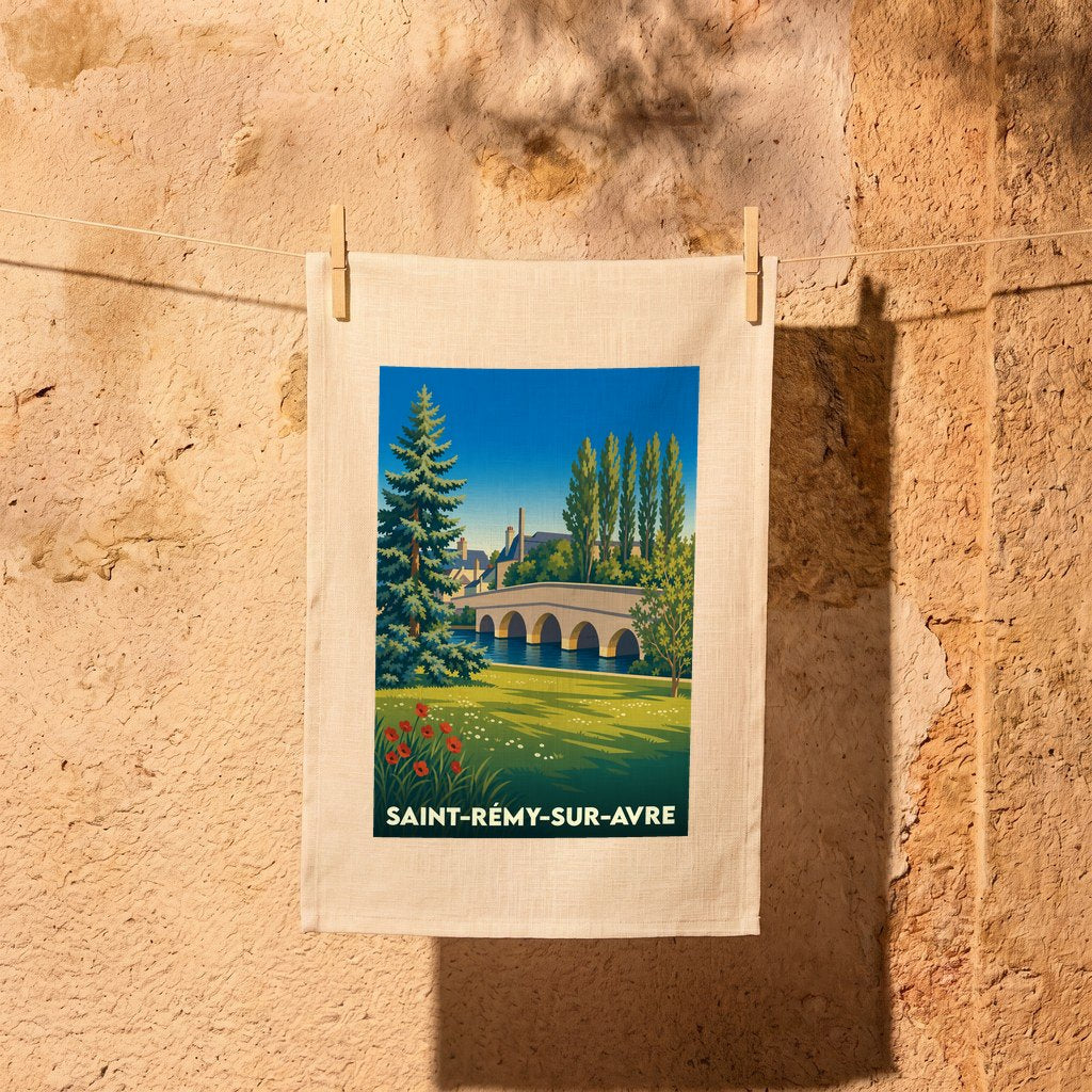 Torchon souvenir de la ville de Saint-Rémy-sur-Avre avec une illustration stylisée de son pont et de son paysage.