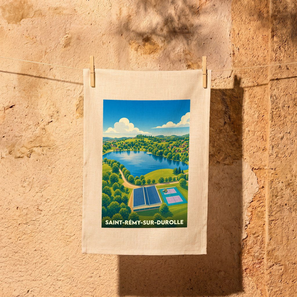 Torchon souvenir de la ville de Saint-Rémy-sur-Durolle avec une illustration stylisée de son lac et ses paysages verdoyants.