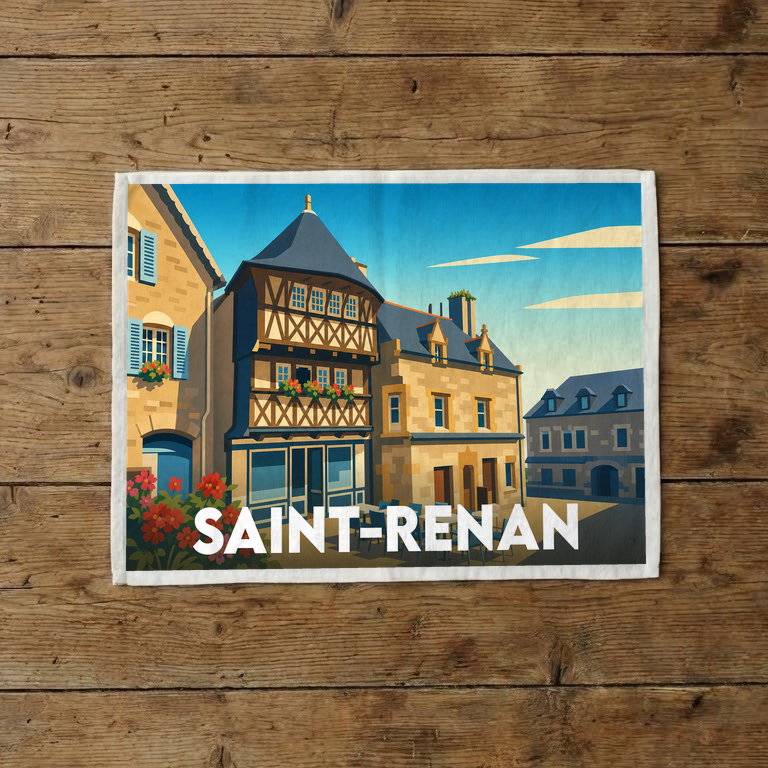 Torchon souvenir de la ville de Saint-Renan avec une illustration stylisée de ses maisons à pans de bois.