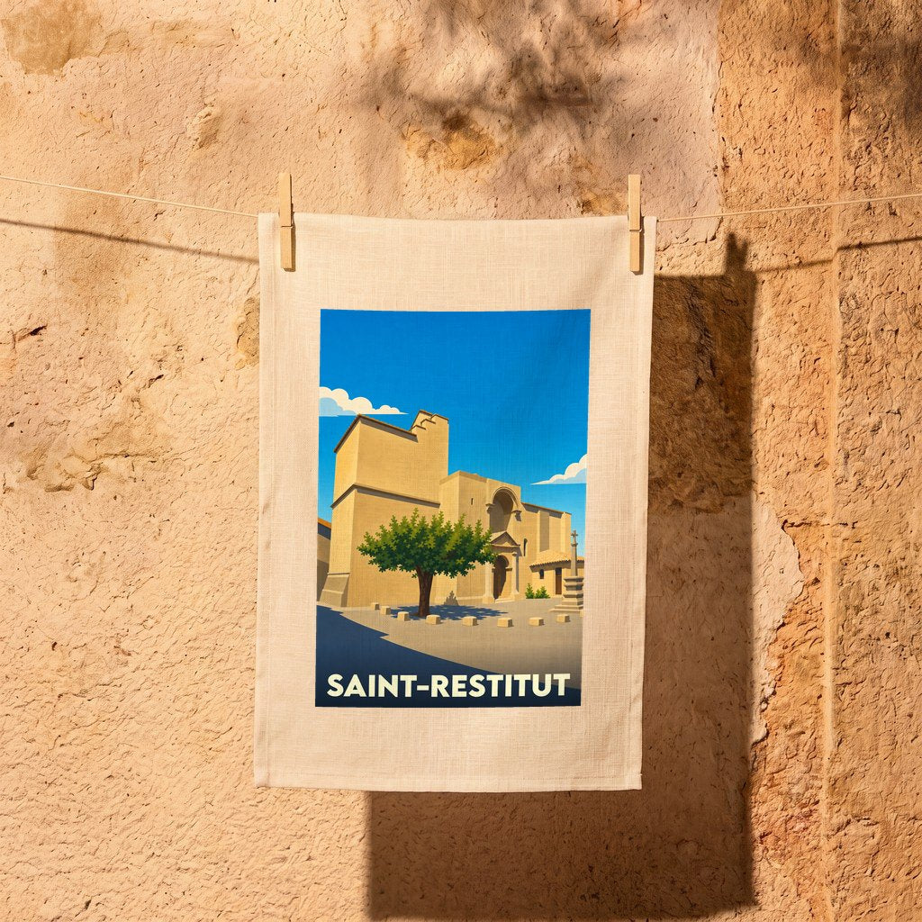 Torchon souvenir de la ville de Saint-Restitut avec une illustration stylisée d'un monument historique.