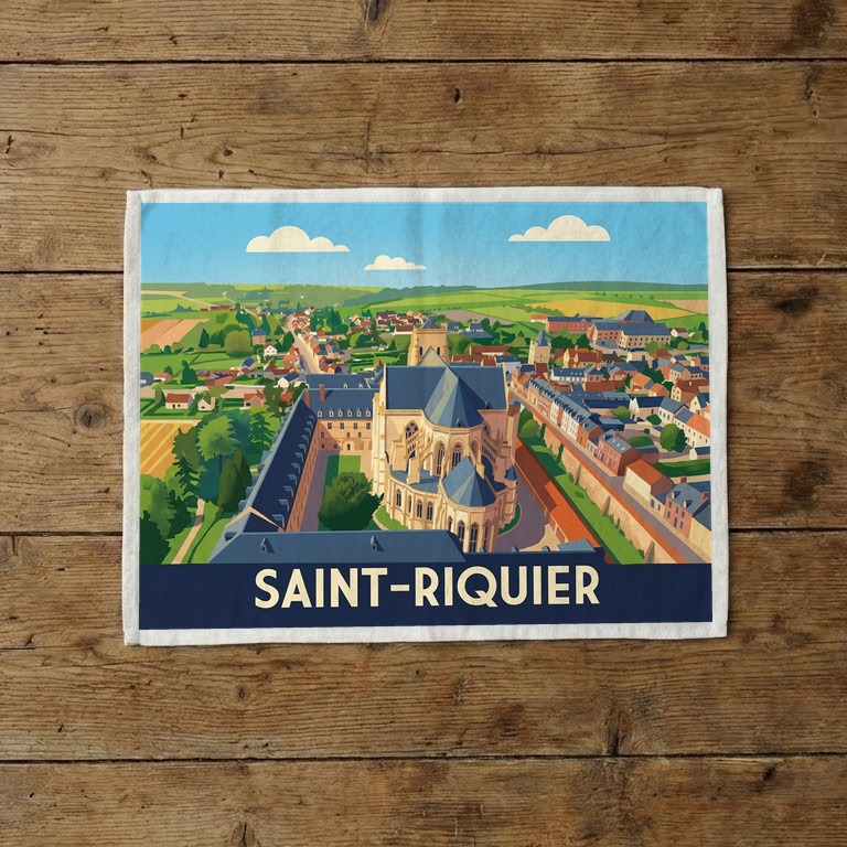 Torchon souvenir de la ville de Saint-Riquier avec une illustration stylisée de son abbaye et de ses environs.