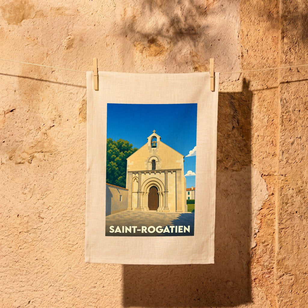 Torchon souvenir de la ville de Saint-Rogatien avec une illustration stylisée de son église romane.