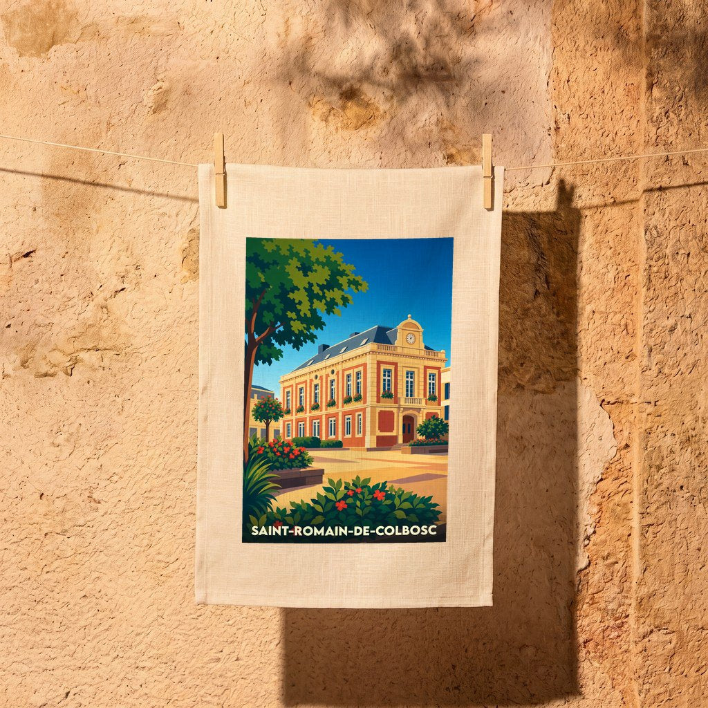 Torchon souvenir de la ville de Saint-Romain-de-Colbosc avec une illustration stylisée de sa mairie.