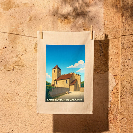 Torchon souvenir de la ville de Saint-Romain-de-Jalionas avec une illustration stylisée de son église.