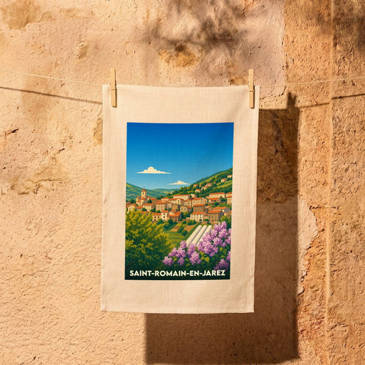 Torchon souvenir de la ville de Saint-Romain-en-Jarez avec une illustration stylisée.
