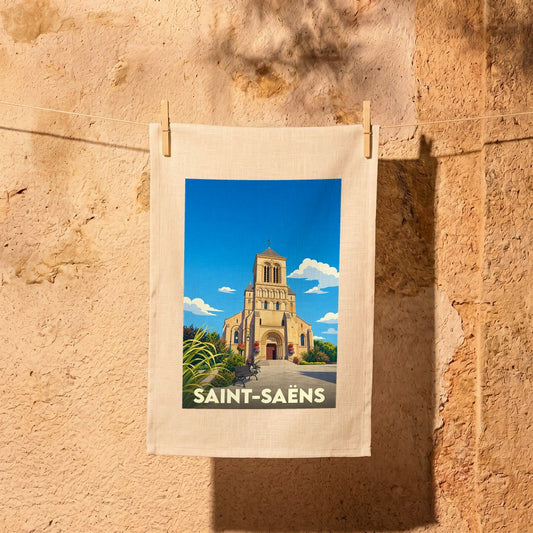 Torchon souvenir de la ville de Saint-Saëns avec une illustration stylisée de son église.