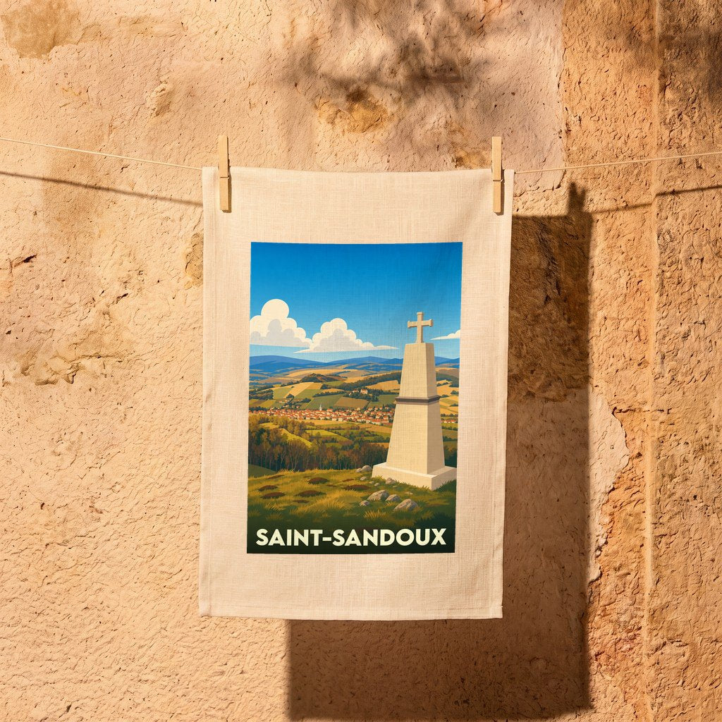 Torchon souvenir de la ville de Saint-Sandoux avec une illustration stylisée d'un monument surplombant la vallée.