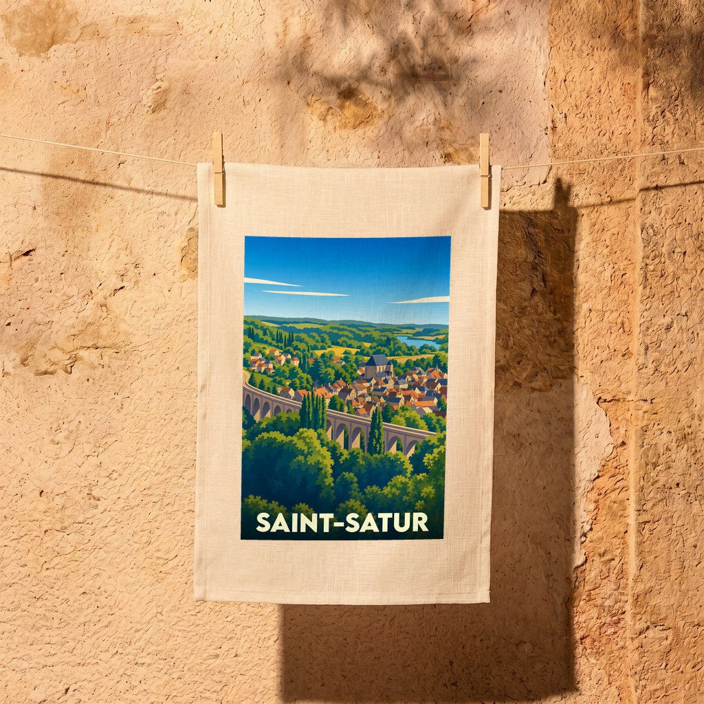 Torchon souvenir de la ville de Saint-Satur illustré d'un paysage stylisé.