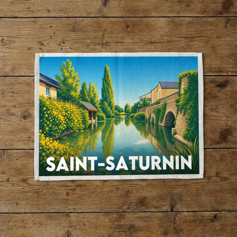 Torchon souvenir de la ville de Saint-Saturnin avec une illustration stylisée d'un canal fleuri et d'un pont.