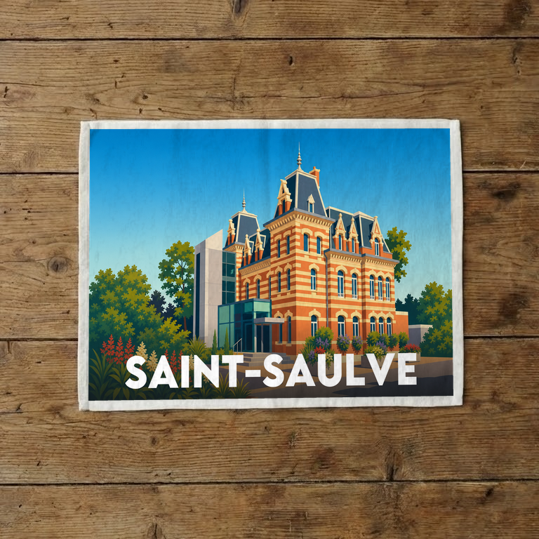Torchon souvenir de la ville de Saint-Saulve arborant une illustration stylisée de son architecture.