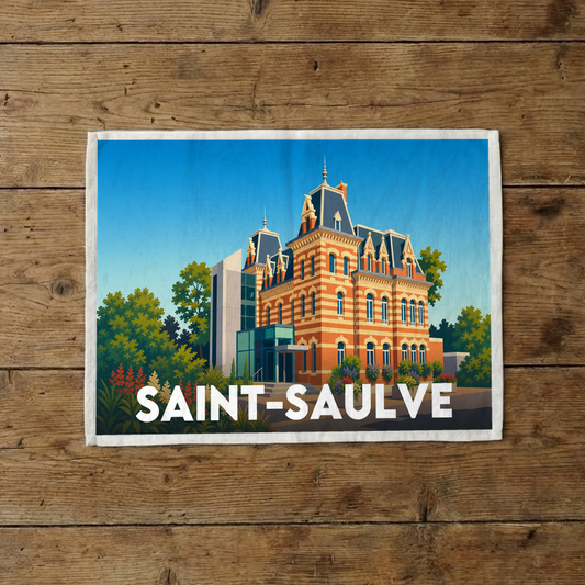 Torchon souvenir de la ville de Saint-Saulve arborant une illustration stylisée de son architecture.
