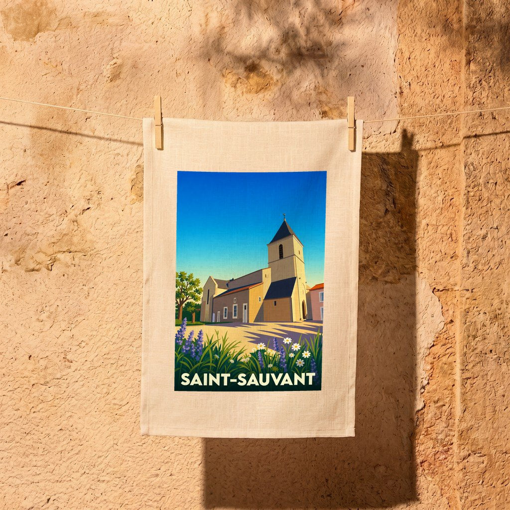 Torchon souvenir de la ville de Saint-Sauvant avec une illustration stylisée de son église sous un ciel bleu.