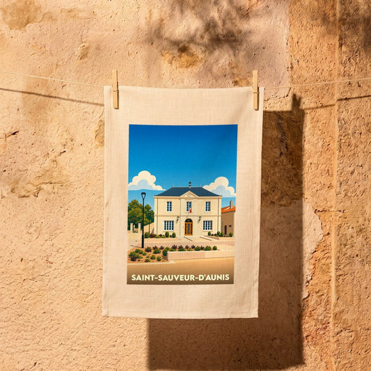 Torchon souvenir de la ville de Saint-Sauveur-d'Aunis avec une illustration stylisée de sa mairie.
