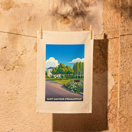 Torchon souvenir de la ville de Saint-Sauveur-d'Émalleville avec une illustration stylisée.