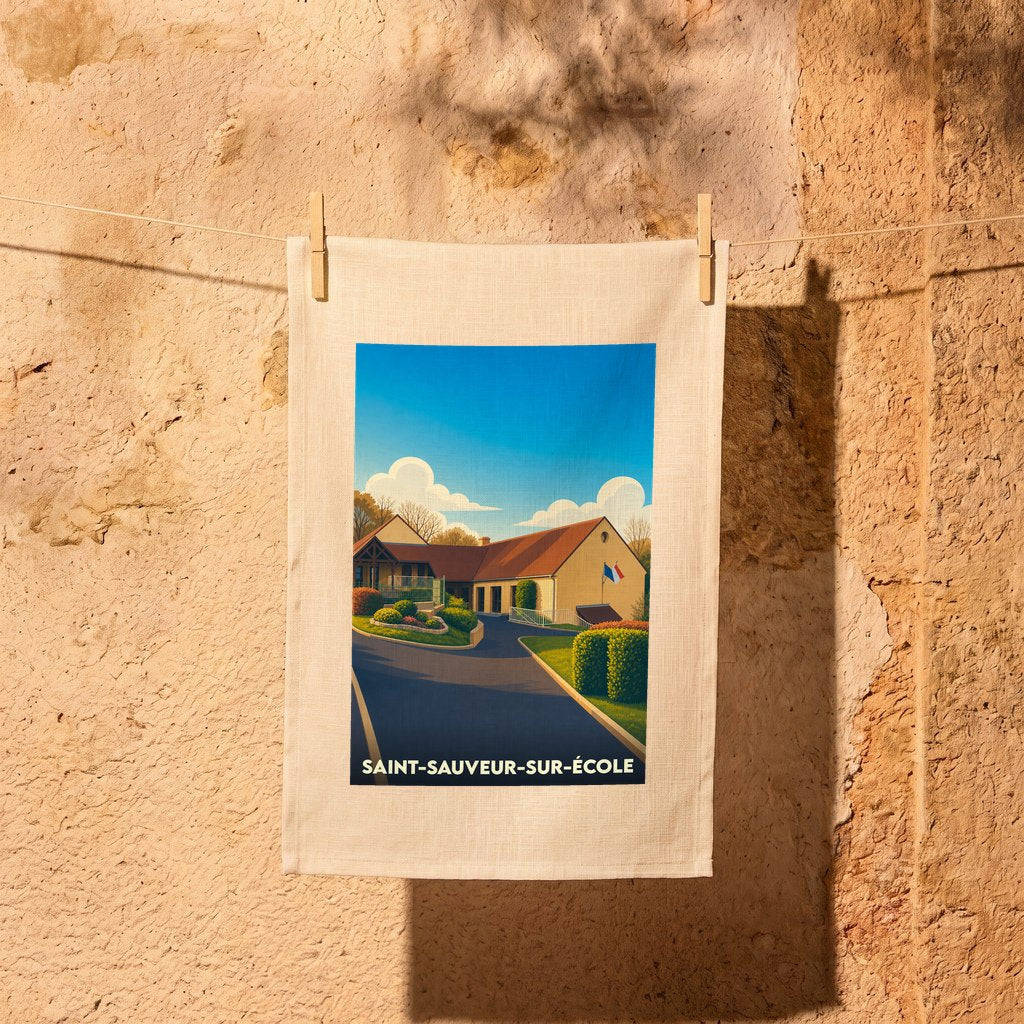 Torchon souvenir de la ville de Saint-Sauveur-sur-École avec une illustration stylisée.