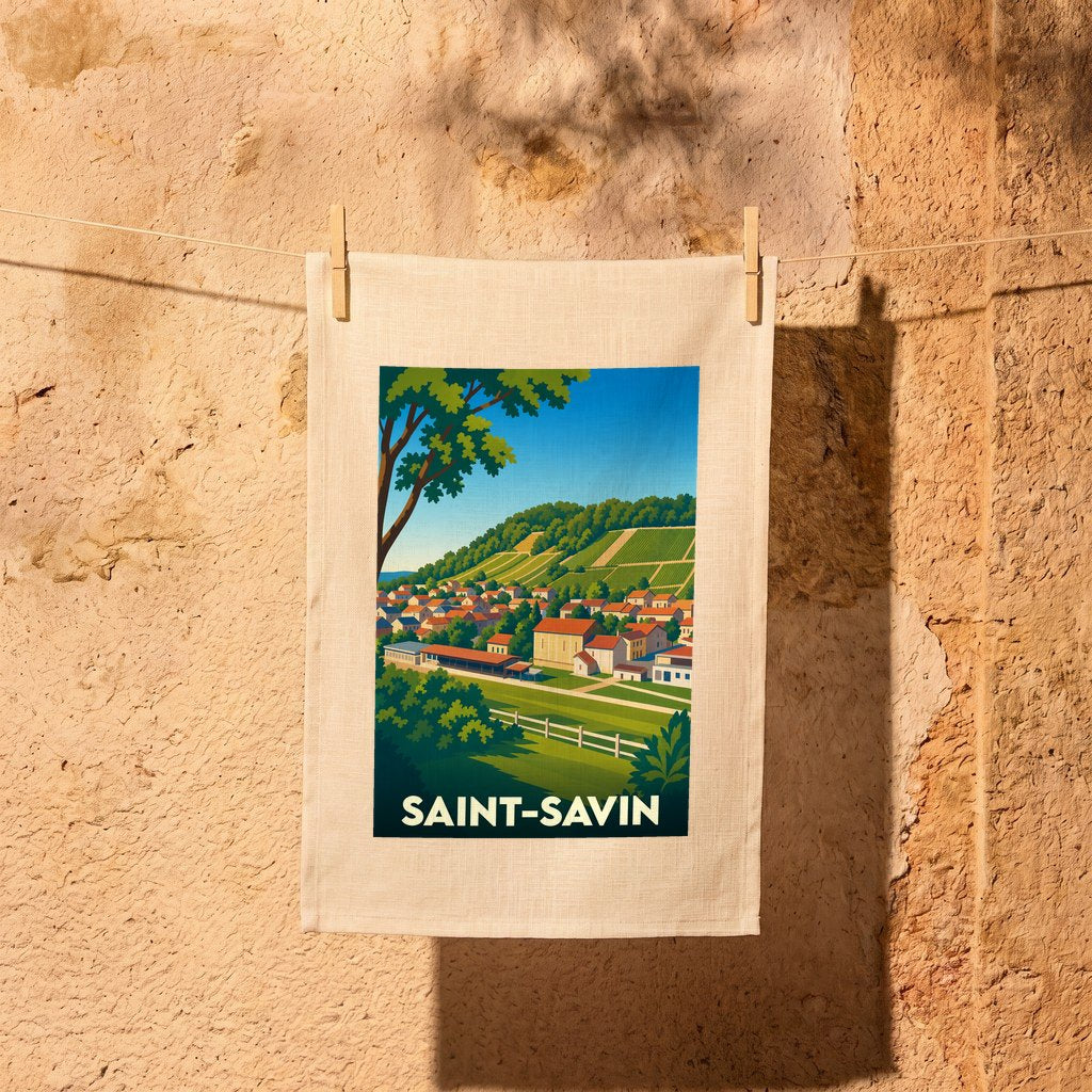 Torchon souvenir de la ville de Saint-Savin avec une illustration de paysage stylisée.