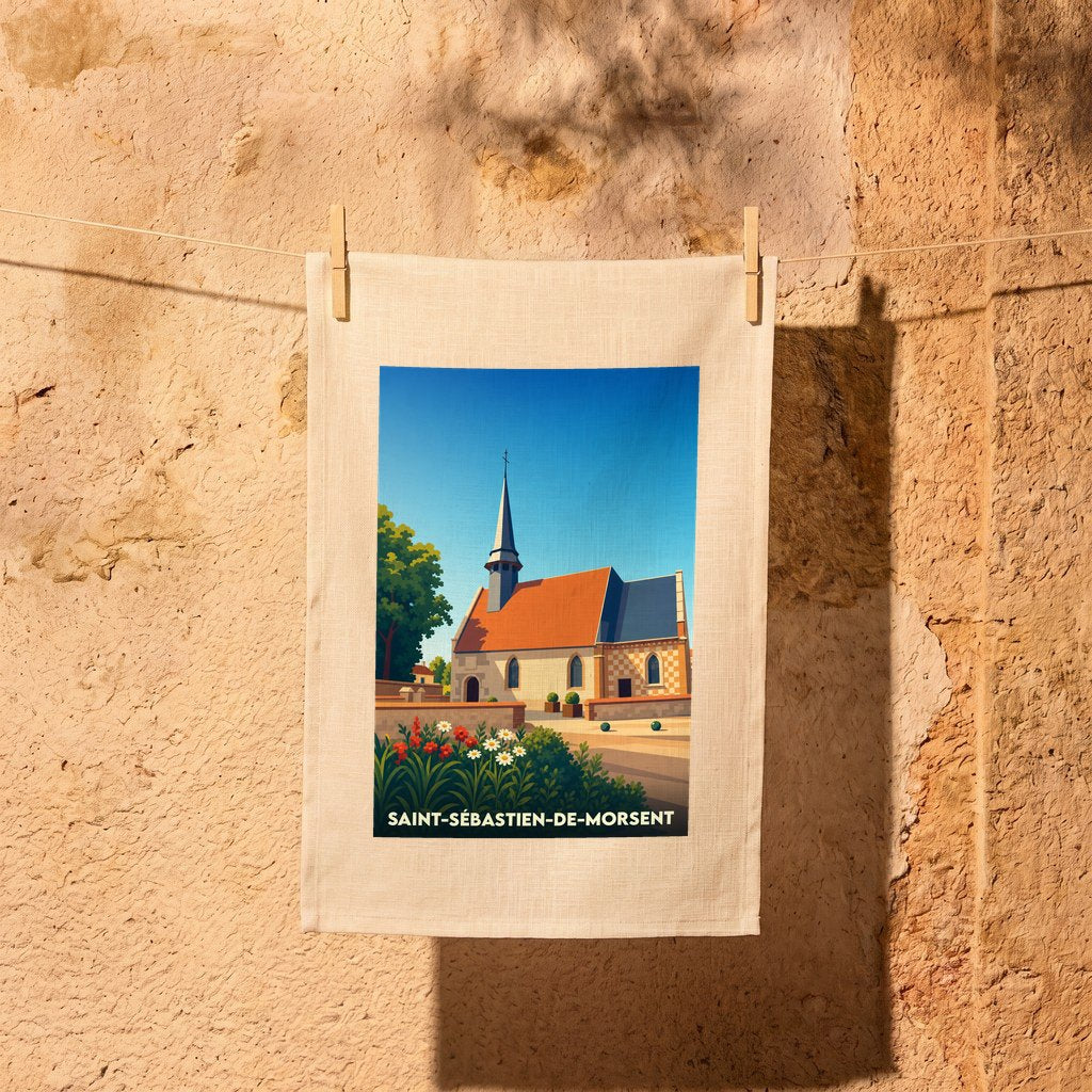 Torchon souvenir de la ville de Saint-Sébastien-de-Morsent avec une illustration stylisée de son église.