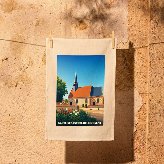 Torchon souvenir de la ville de Saint-Sébastien-de-Morsent avec une illustration stylisée de son église.