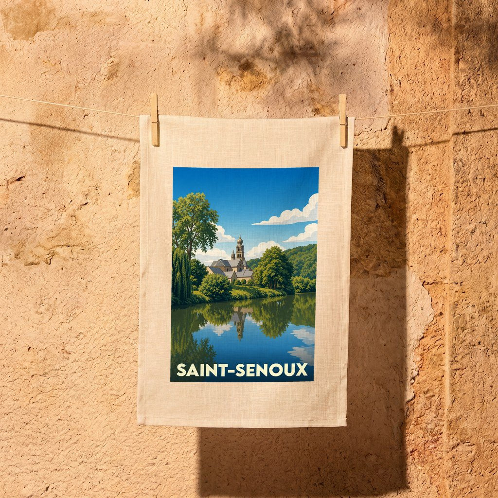 Torchon souvenir de la ville de Saint-Senoux avec une illustration stylisée d'un paysage fluvial.