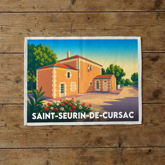 Torchon souvenir de la ville de Saint-Seurin-de-Cursac avec une illustration stylisée colorée.