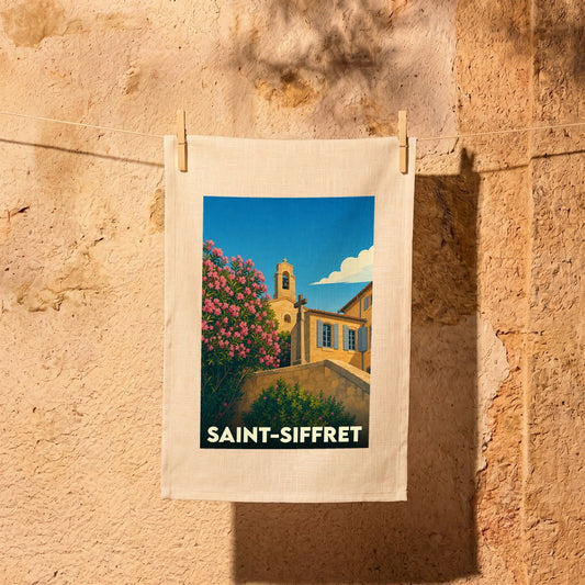 Torchon souvenir de la ville de Saint-Siffret avec une illustration stylisée.