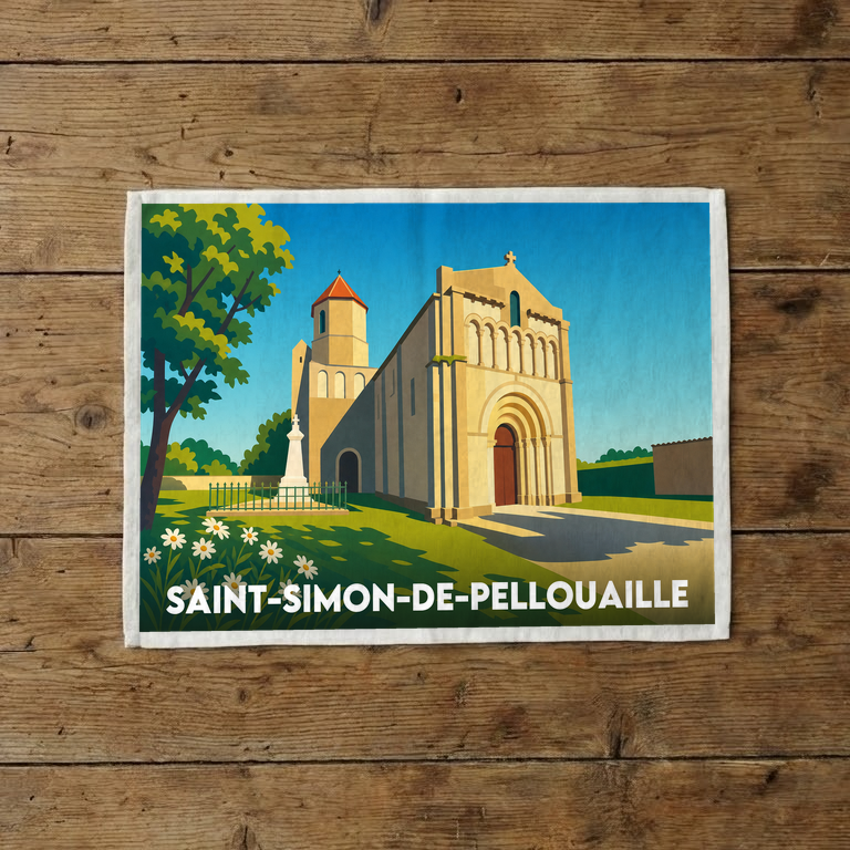 Torchon souvenir de Saint-Simon-de-Pellouaille avec une illustration stylisée de son église romane.
