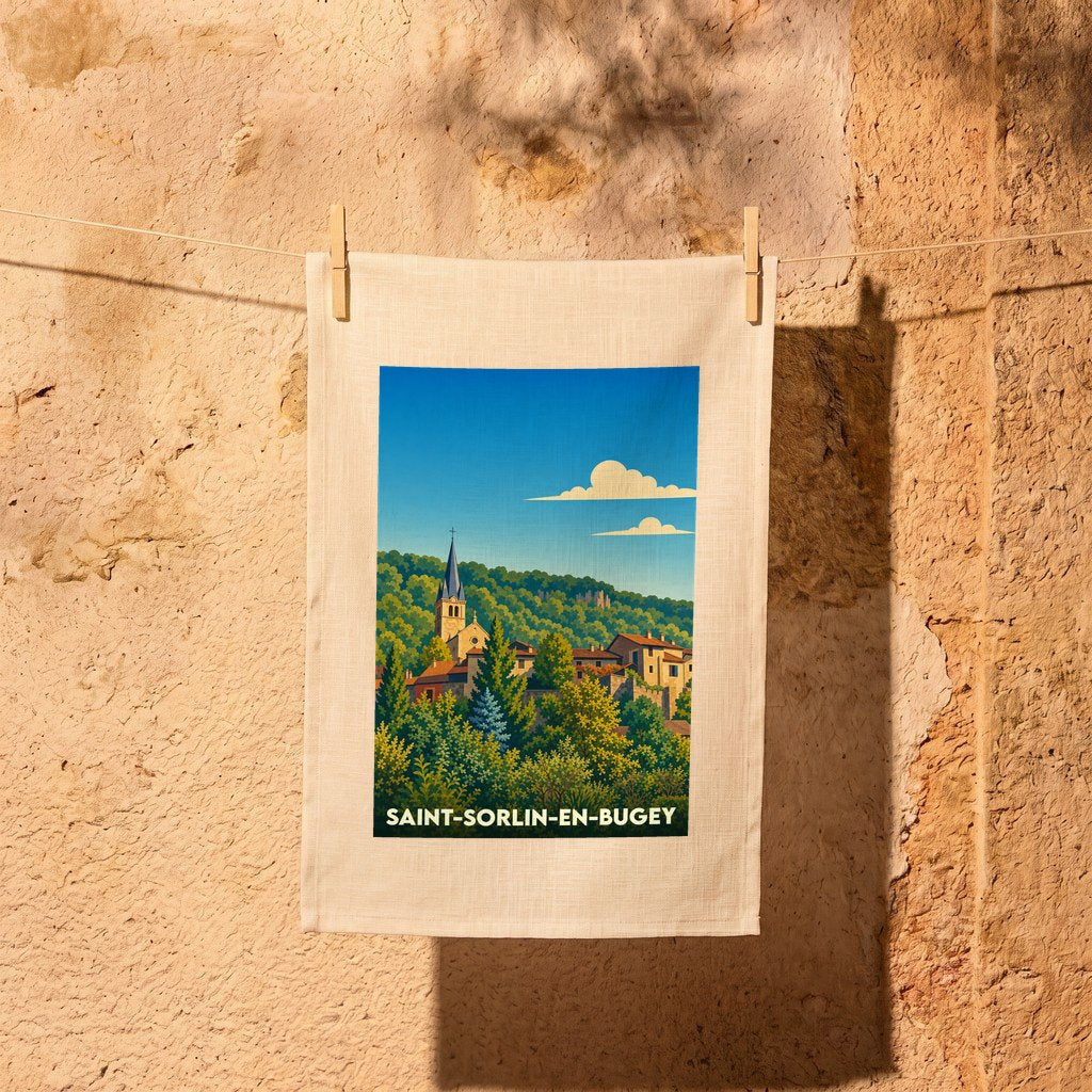 Torchon souvenir de Saint-Sorlin-en-Bugey avec une illustration stylisée du village et de son église.