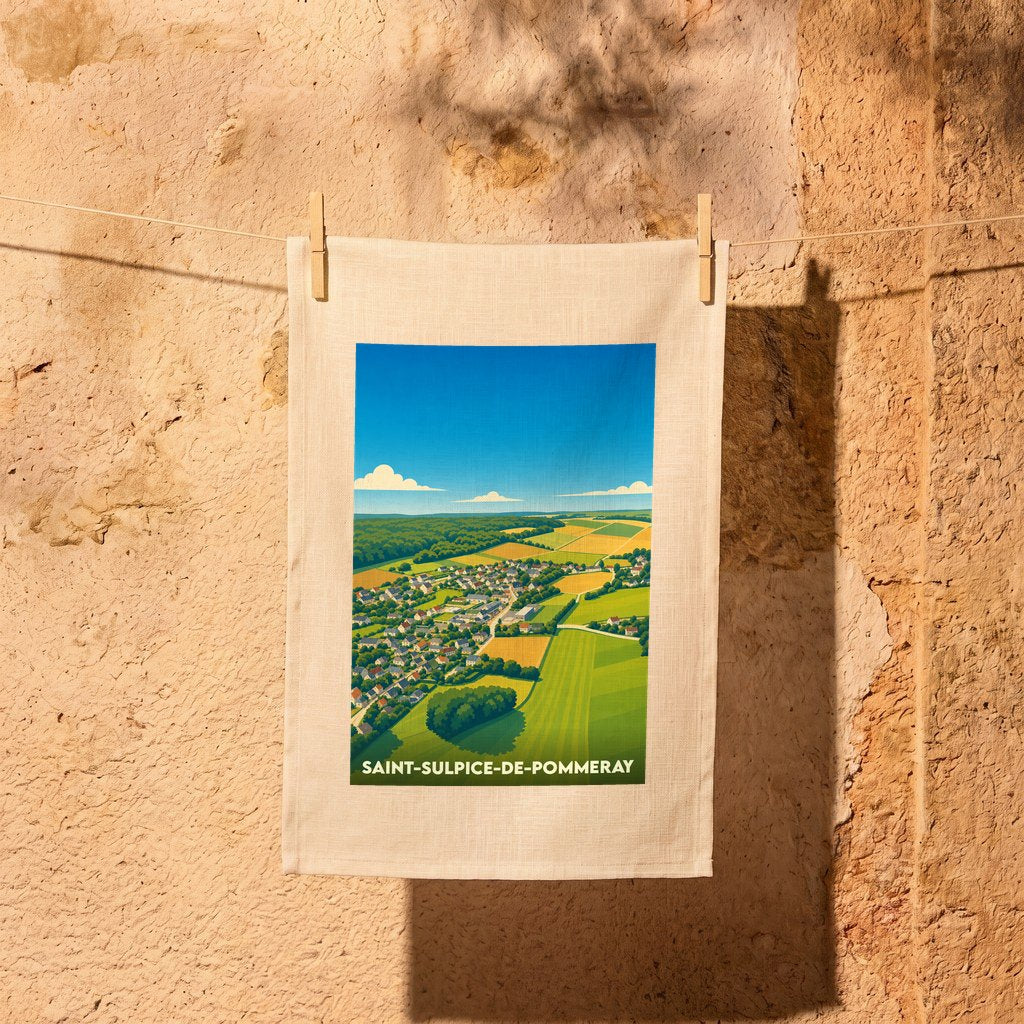 Torchon souvenir de la ville de Saint-Sulpice-de-Pommeray avec une illustration stylisée de ses paysages.