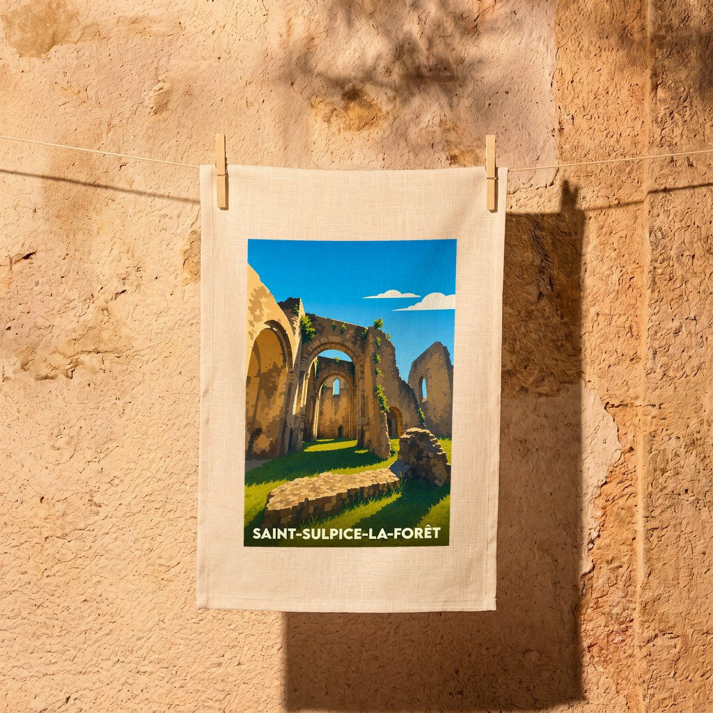 Torchon souvenir de la ville de Saint-Sulpice-la-Forêt avec une illustration stylisée de ses ruines historiques.