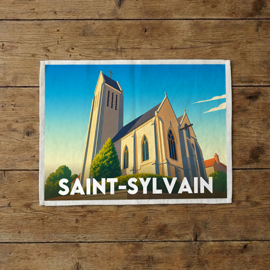 Torchon souvenir de la ville de Saint-Sylvain avec une illustration stylisée de son église.