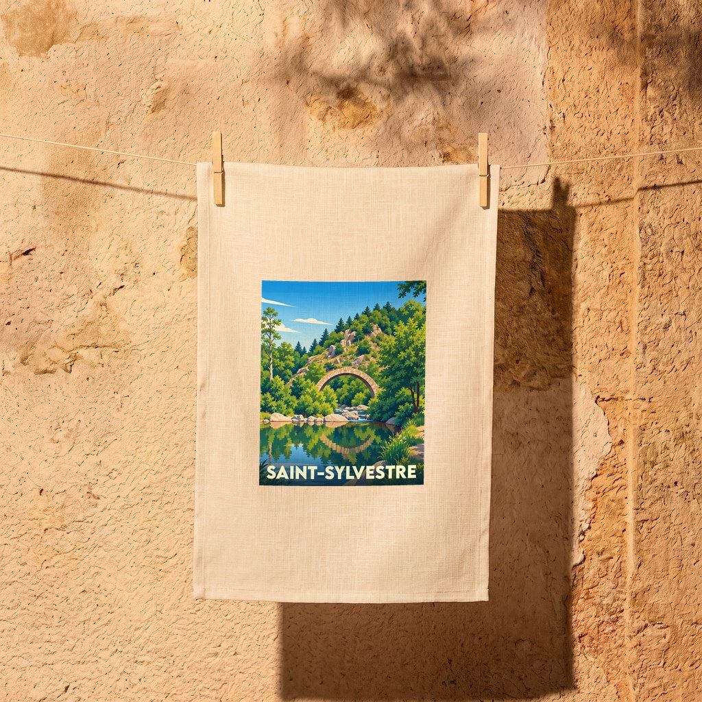 Torchon souvenir de la ville de Saint-Sylvestre avec une illustration stylisée d'un pont en pierre.