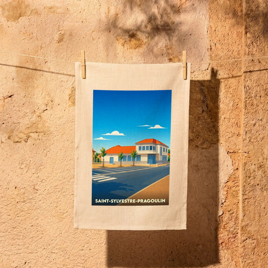 Torchon souvenir de la ville de Saint-Sylvestre-Pragoulin avec une illustration stylisée.