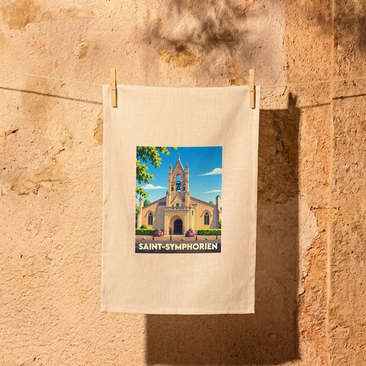 Torchon souvenir de la ville de Saint-Symphorien avec une illustration stylisée de son église.